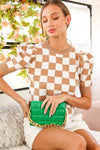 Crew Neck Short Puff Sleeve Checkerboard Sweater Top