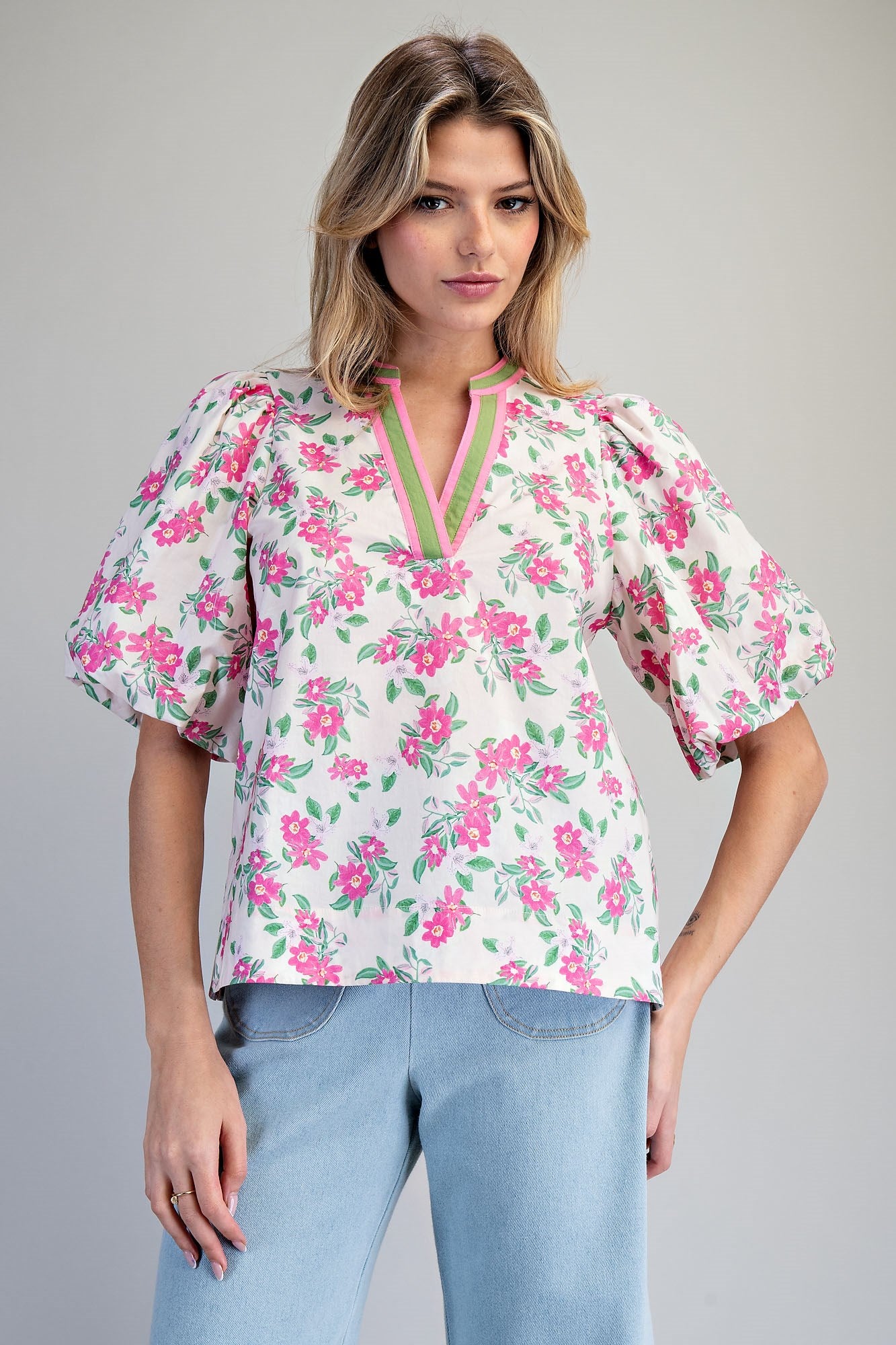 Floral Print Split Neck Puff Sleeve Blouse