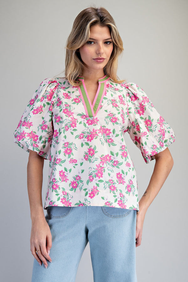 Floral Print Split Neck Puff Sleeve Blouse