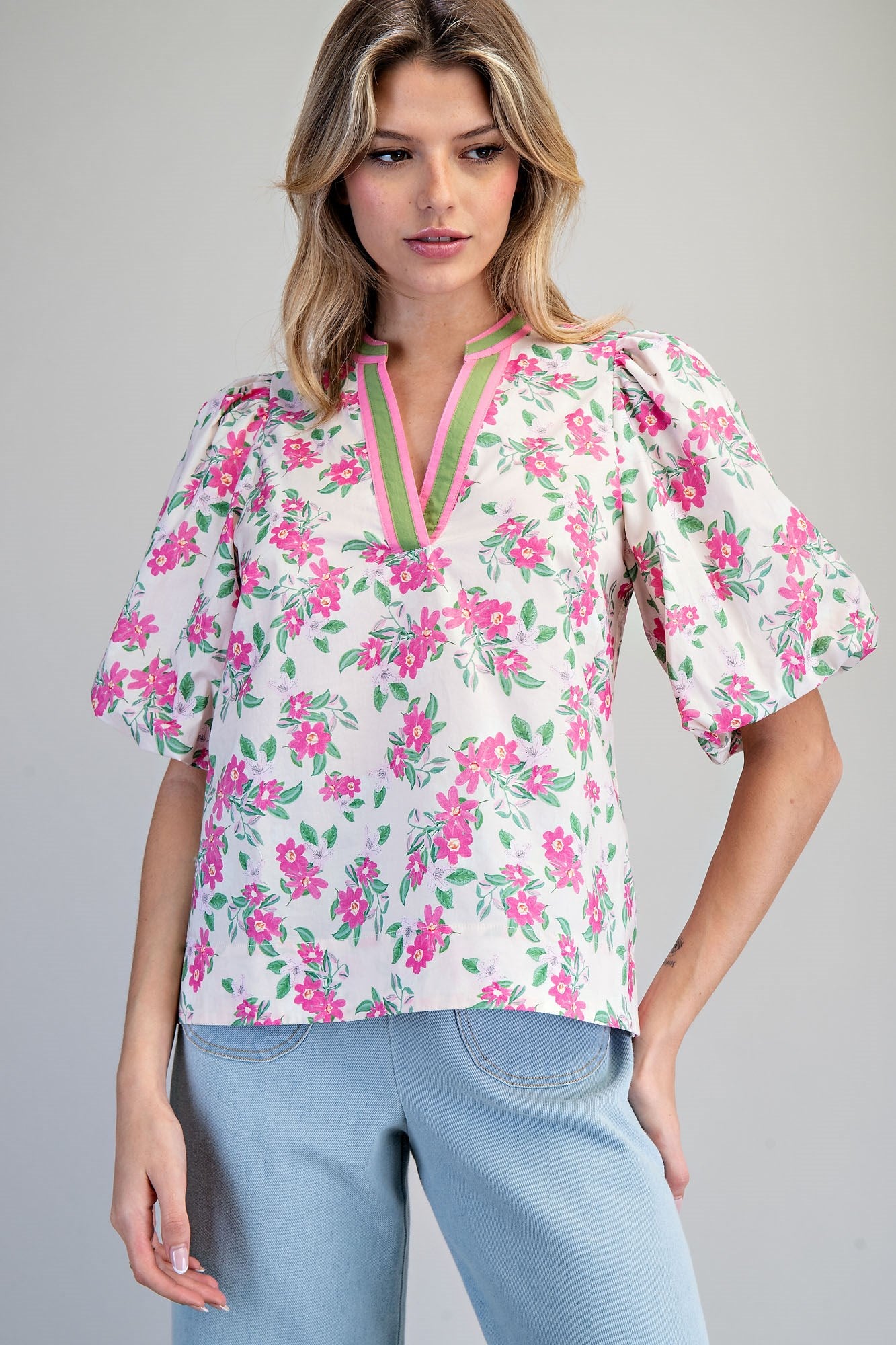 Floral Print Split Neck Puff Sleeve Blouse