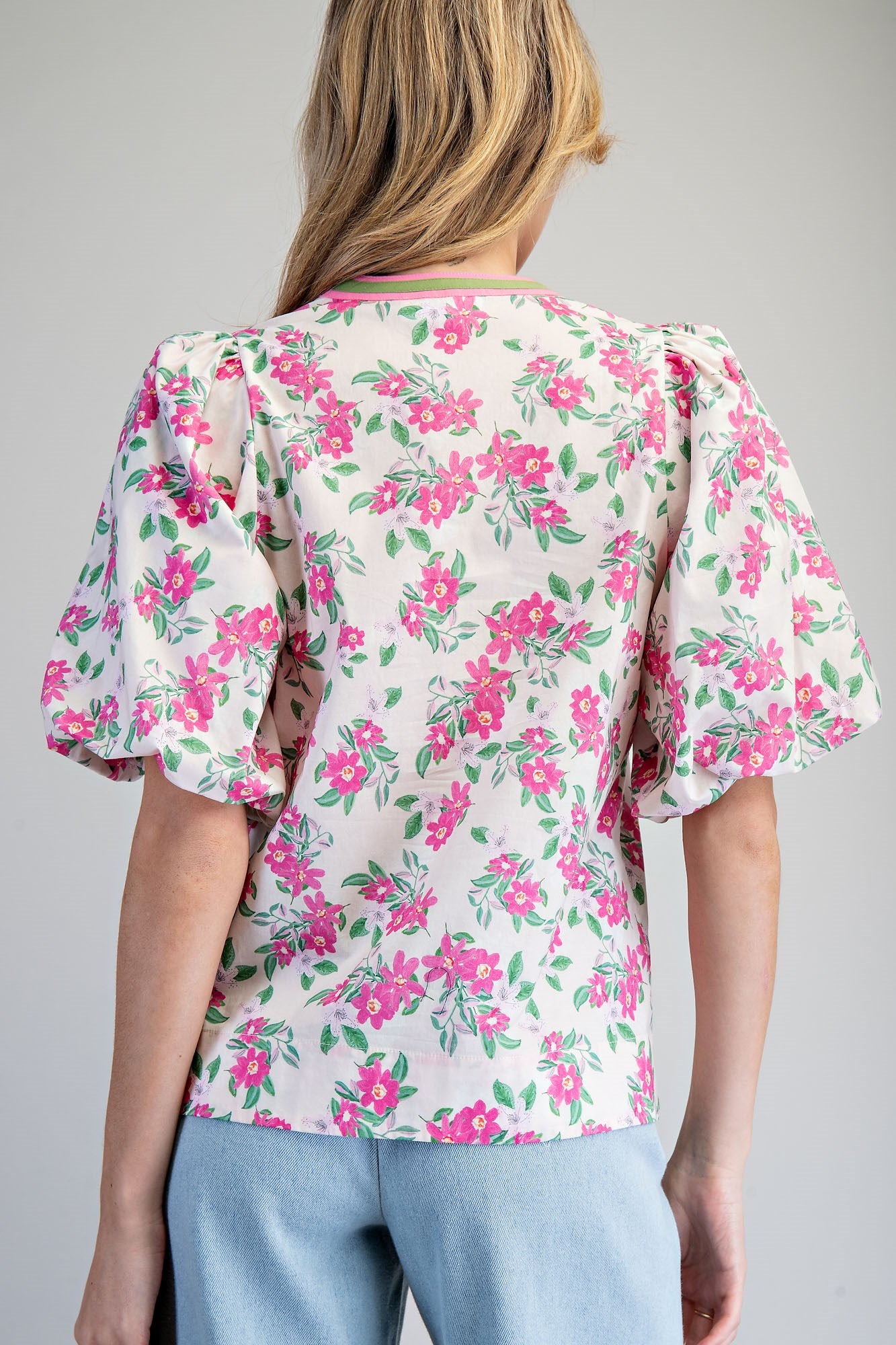 Floral Print Split Neck Puff Sleeve Blouse