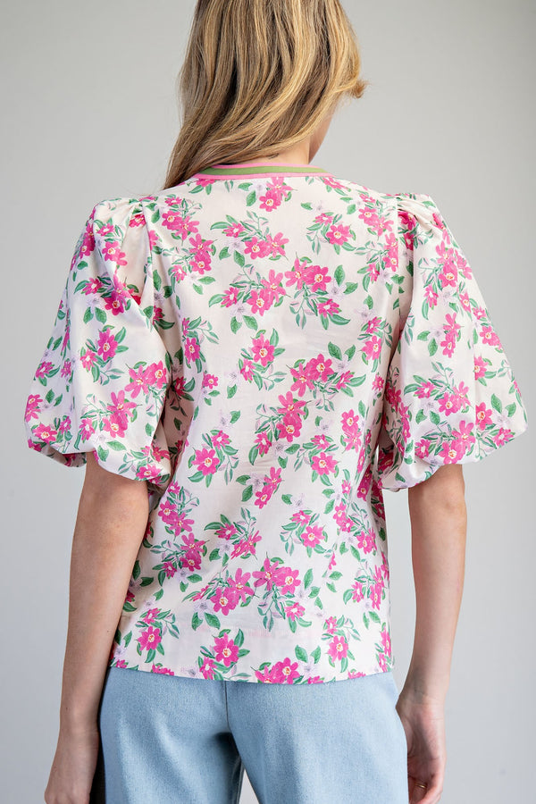 Floral Print Split Neck Puff Sleeve Blouse