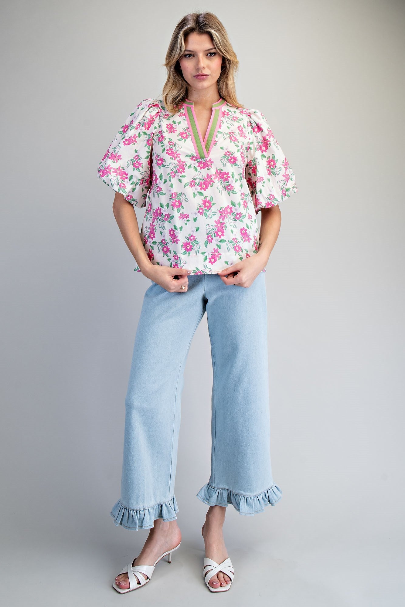 Floral Print Split Neck Puff Sleeve Blouse