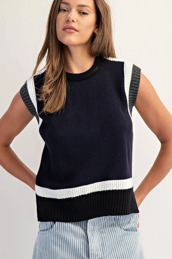 Color Block Cap Sleeve Knit Top - Black