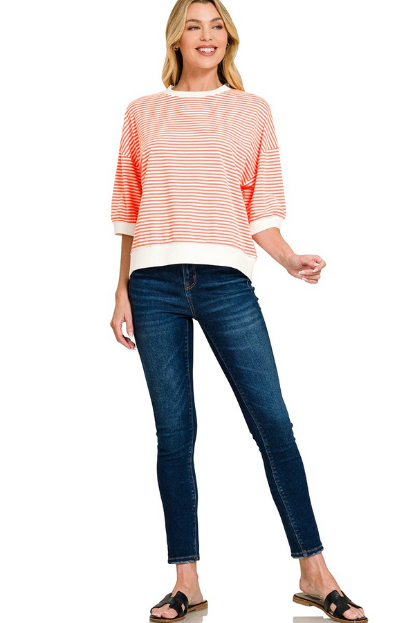 Striped Contrast Trim Banded Bottom Top - Coral