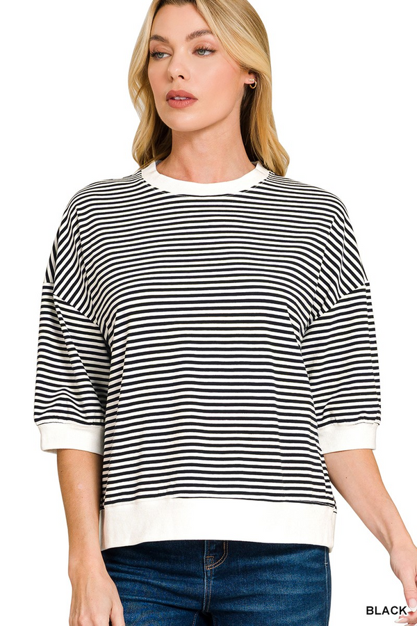 Striped Contrast Trim Banded Bottom Top - Black