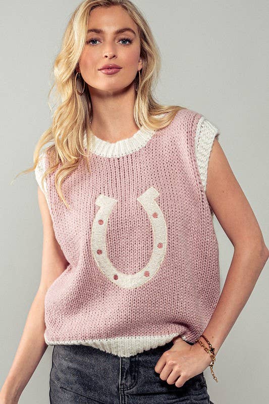 Wild Woven Horseshoe Sweater Vest Pink