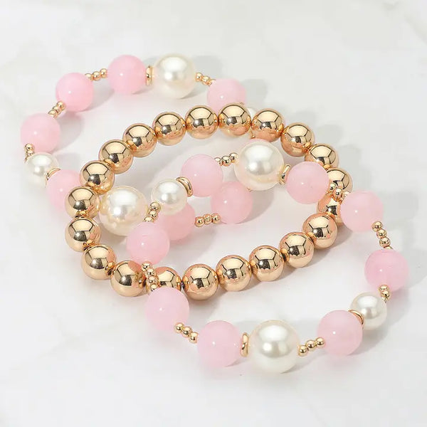 3PCS - Pearl Beaded Stretch Multi Layered Bracelets, Pink