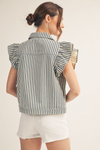 Ruffled Cap Sleeves Button Down Stripe Casual Vest