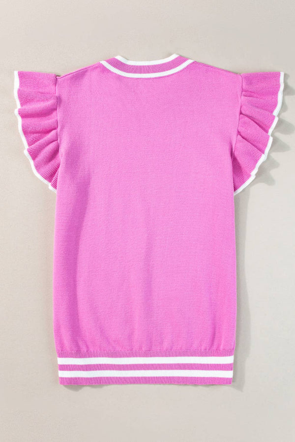 Ruffled Sleeve Round Neck Knit Top Pink