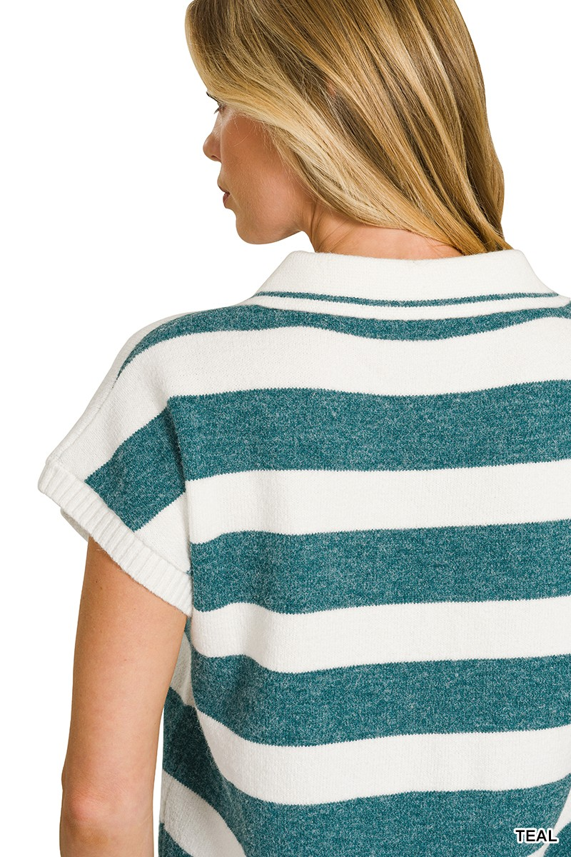 Striped Collared Short-Sleeve Sweater Teal
