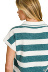 Striped Collared Short-Sleeve Sweater Teal