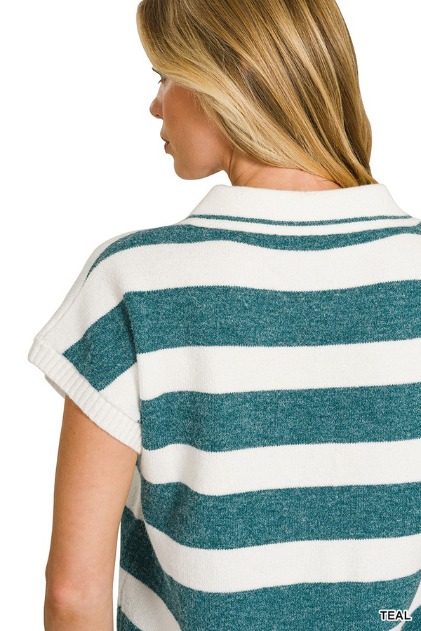 Striped Collared Short-Sleeve Sweater Teal