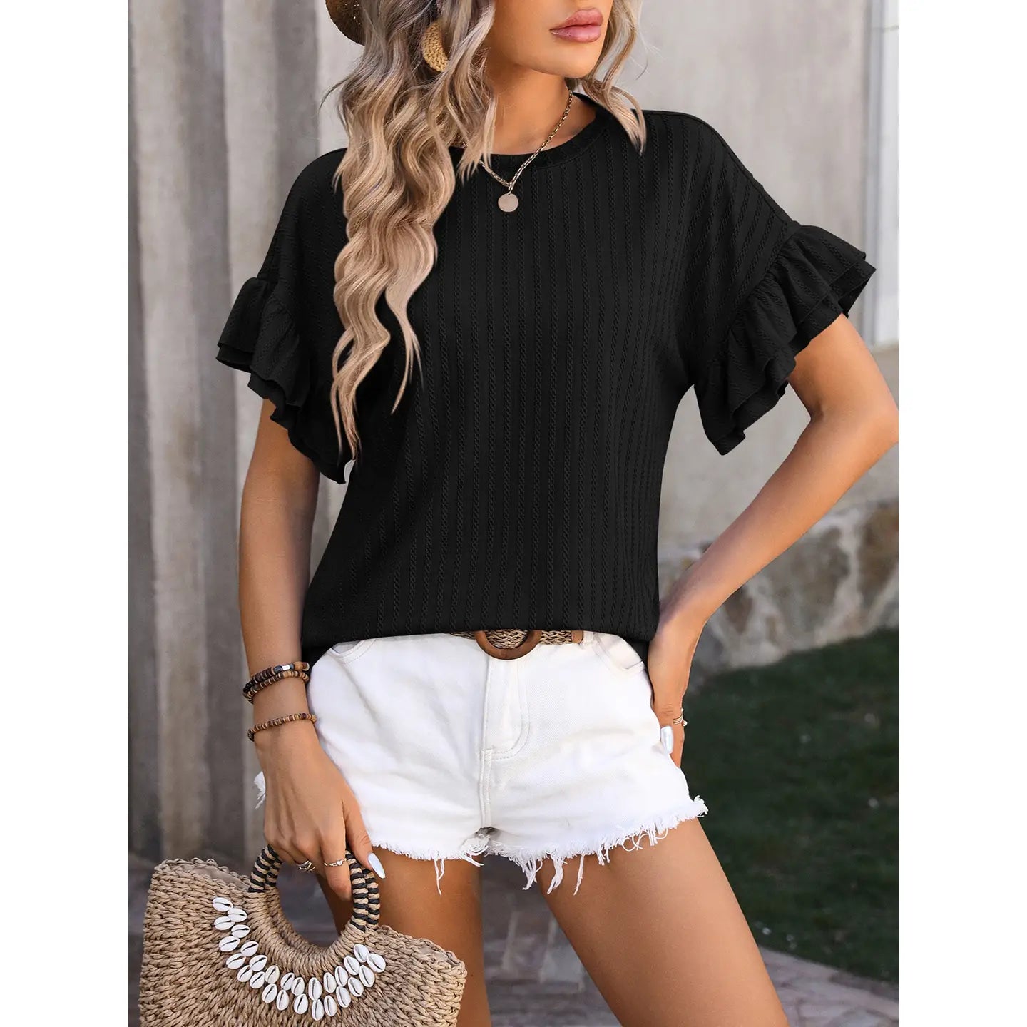 Solid Round Neck Ruffle Sleeve Short Sleeved Top