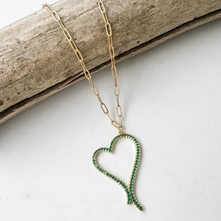 Virtue, Drop Heart Paperclip Necklace, Green