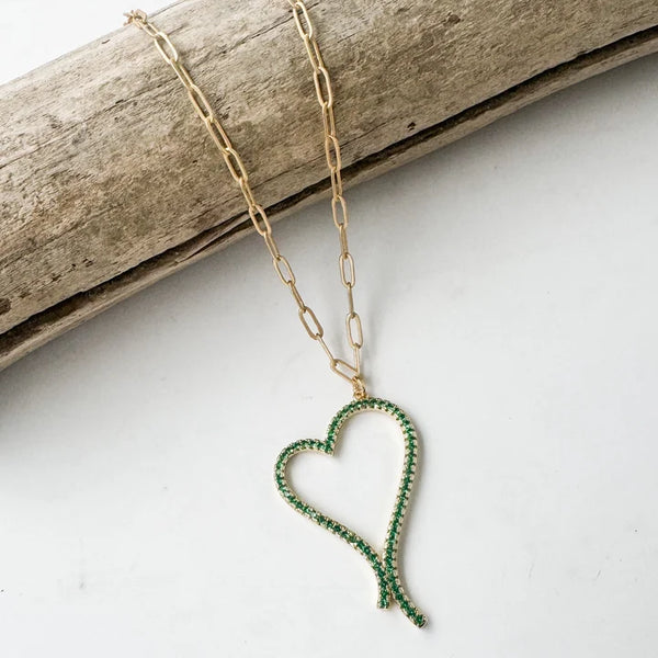 Virtue, Drop Heart Paperclip Necklace, Green