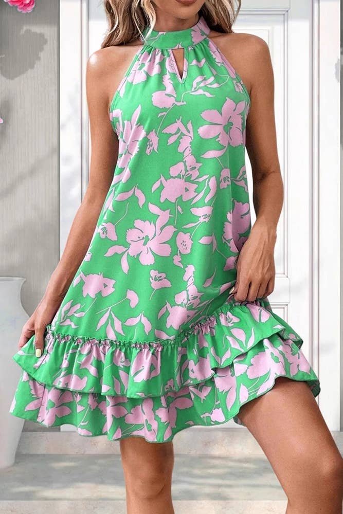 Spring Summer Green Halter Sleeveless Floral Dress