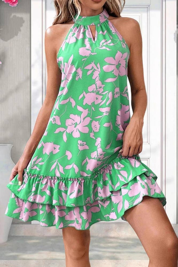 Spring Summer Green Halter Sleeveless Floral Dress