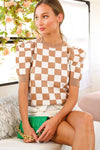 Crew Neck Short Puff Sleeve Checkerboard Sweater Top
