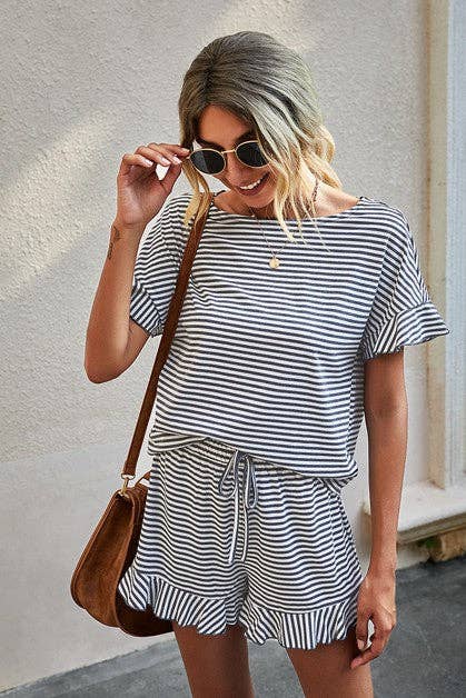Round Neck Striped Top Short Set - 3 Colors