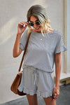 Round Neck Striped Top Short Set - 3 Colors