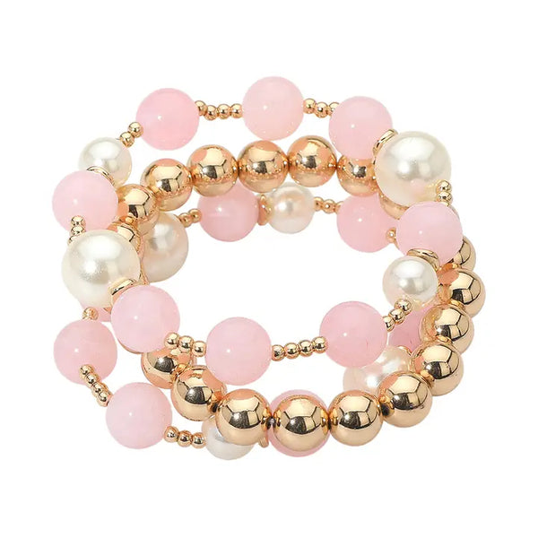 3PCS - Pearl Beaded Stretch Multi Layered Bracelets, Pink