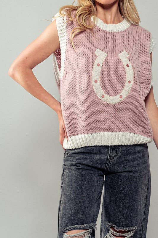 Wild Woven Horseshoe Sweater Vest Pink