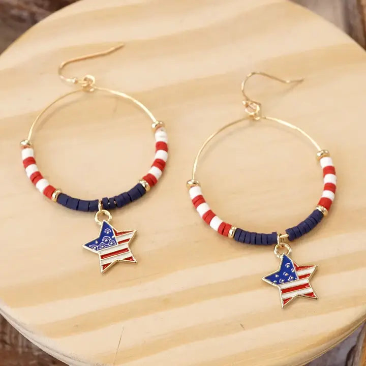4th of July Dangle Hoop Earrings Red White Blue