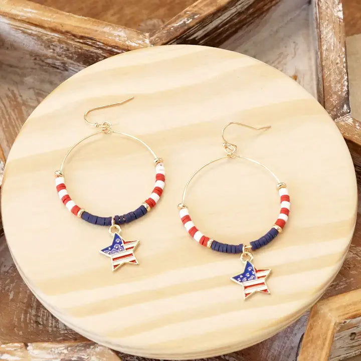 4th of July Dangle Hoop Earrings Red White Blue