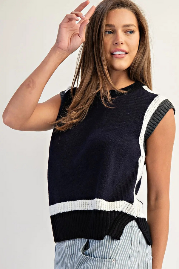 Color Block Cap Sleeve Knit Top - Black