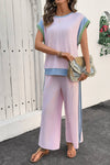 Colorblock Patchwork Short Sleeve Top and Wide Leg Pants