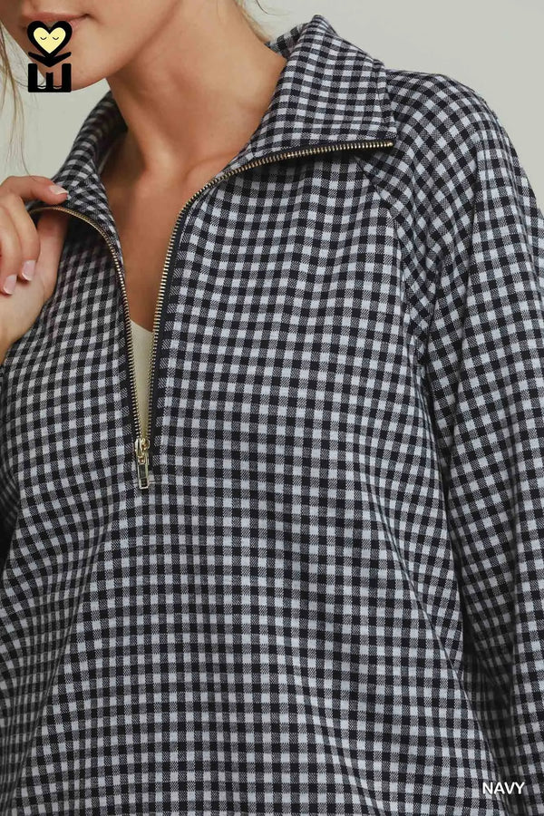 Gingham Grace Half-Zip Pullover, Navy