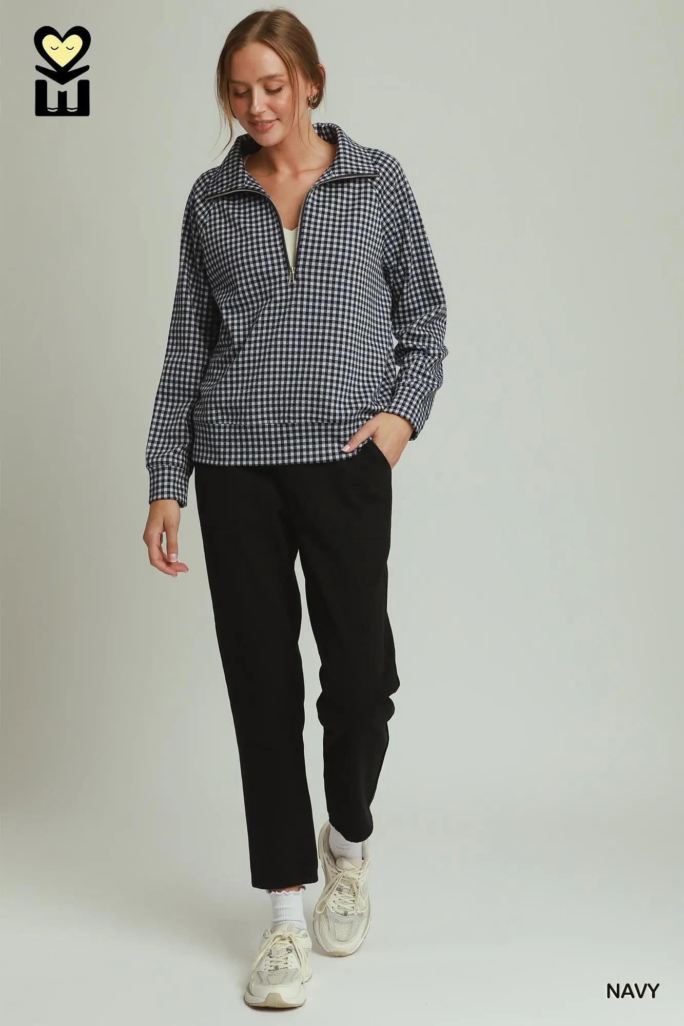 Gingham Grace Half-Zip Pullover, Navy