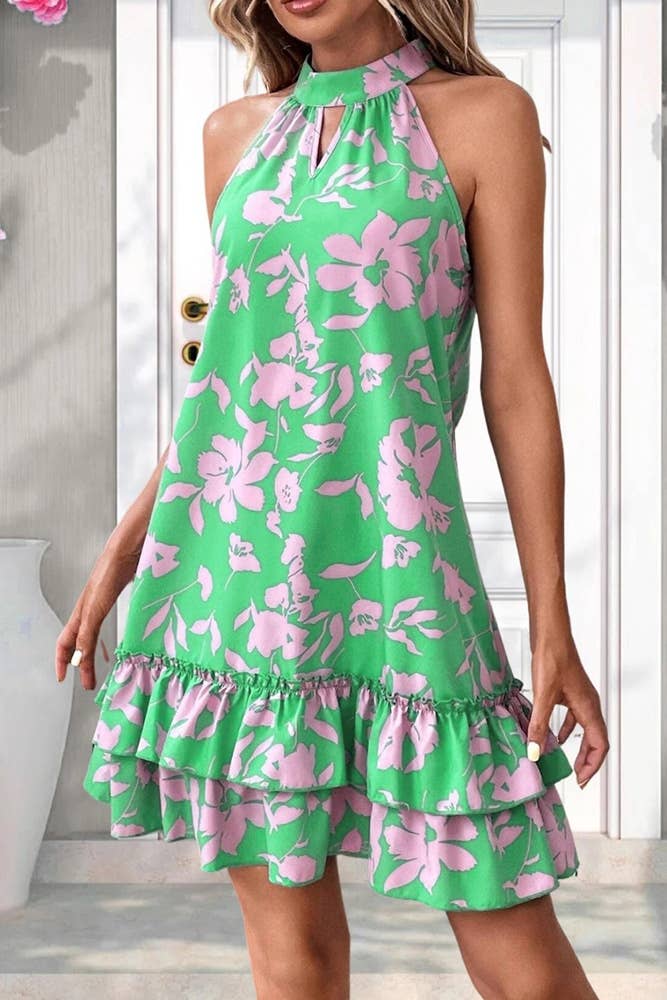 Spring Summer Green Halter Sleeveless Floral Dress