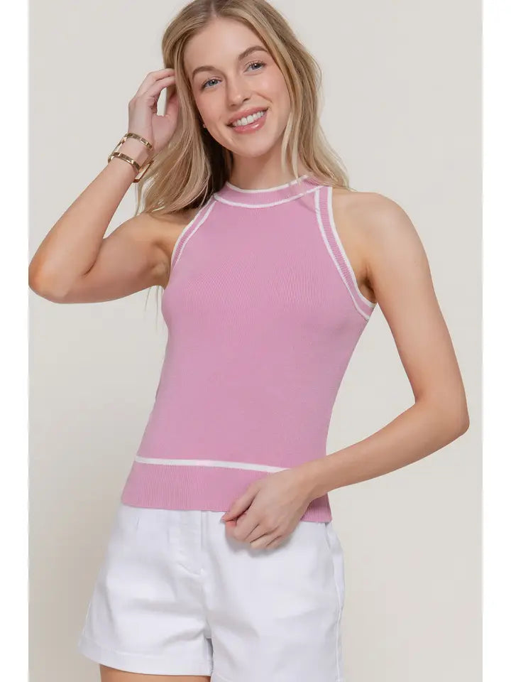 Contrast Halter Sweater Tank, Pink