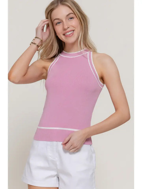 Contrast Halter Sweater Tank, Pink
