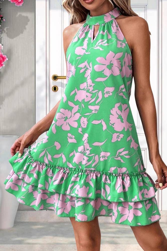 Spring Summer Green Halter Sleeveless Floral Dress