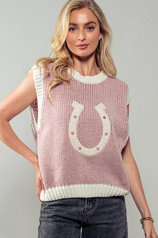 Wild Woven Horseshoe Sweater Vest Pink