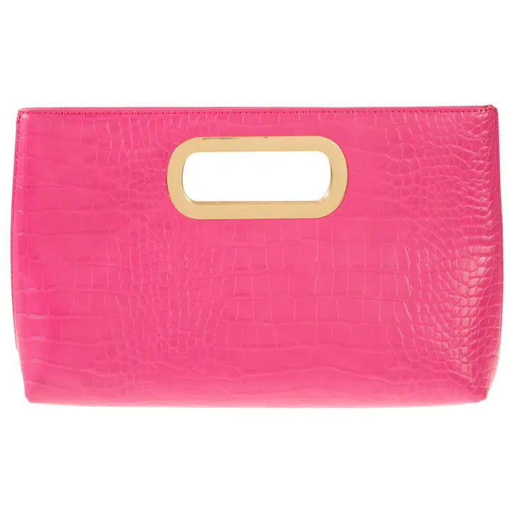 Crocodile Synthetic Leather Top Handle Clutch, Pink