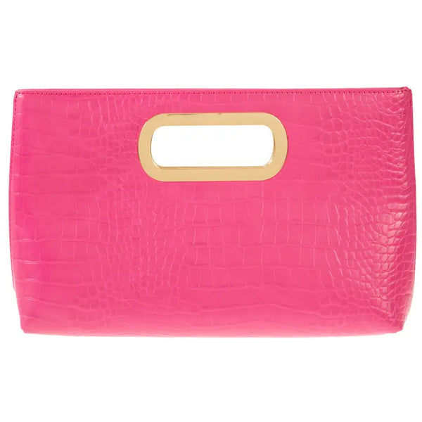 Crocodile Synthetic Leather Top Handle Clutch, Pink