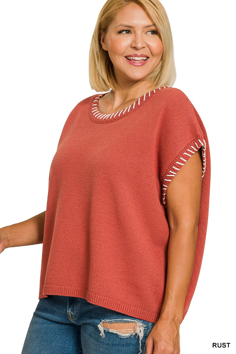 Curvy Stitch Detailed Oversize Sweater Vest, Rust