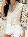 Spring Floral Puff Sleeve Contrast V Neck Patchwork Blouse