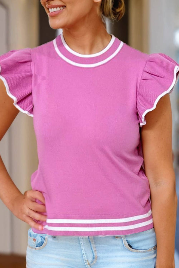 Ruffled Sleeve Round Neck Knit Top Pink