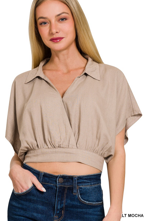 Linen Banded Hem Surplice Collar Cropped Top