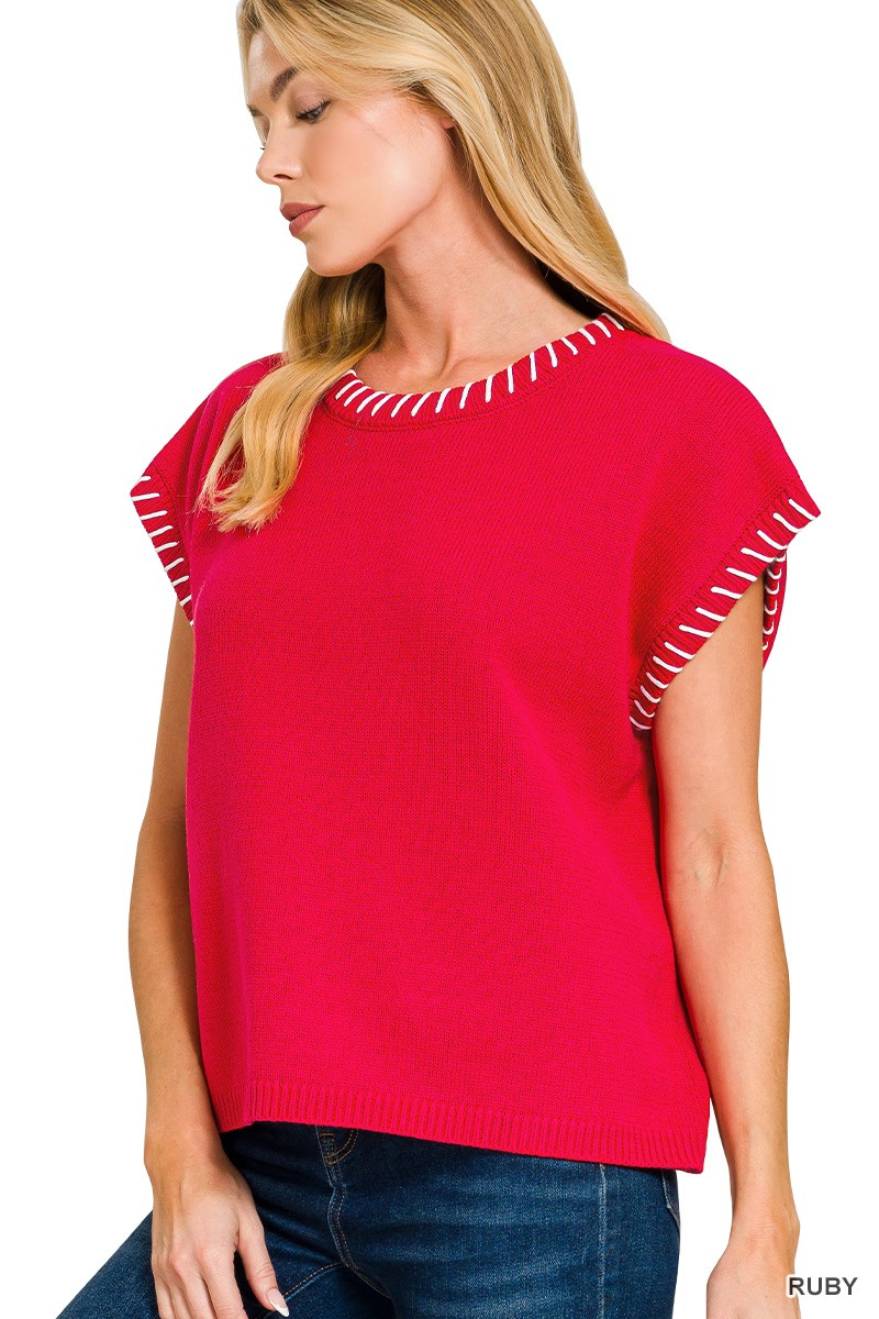 Stitch Detailed Oversize Sweater Vest, Ruby
