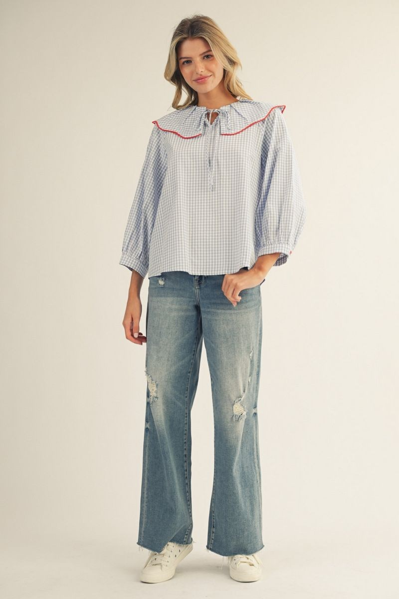 3/4 Sleeve Wide Collar Gingham Peasant Top