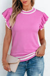 Ruffled Sleeve Round Neck Knit Top Pink