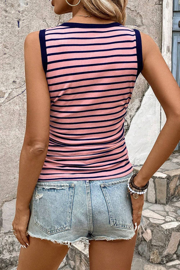 Stripe Contrast Round Neck Sleeveless Slim Top Pink/Black