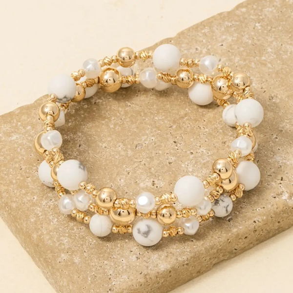 Stone Metallic and Pearl Beaded Bracelet Set