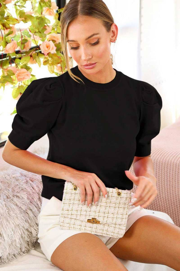 Crew Neck Puff Short Sleeve Knitted Sweater Top